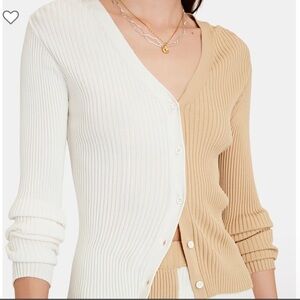 STAUD Cargo Color-block Rib Knit Cardigan in biscotti and cream Large